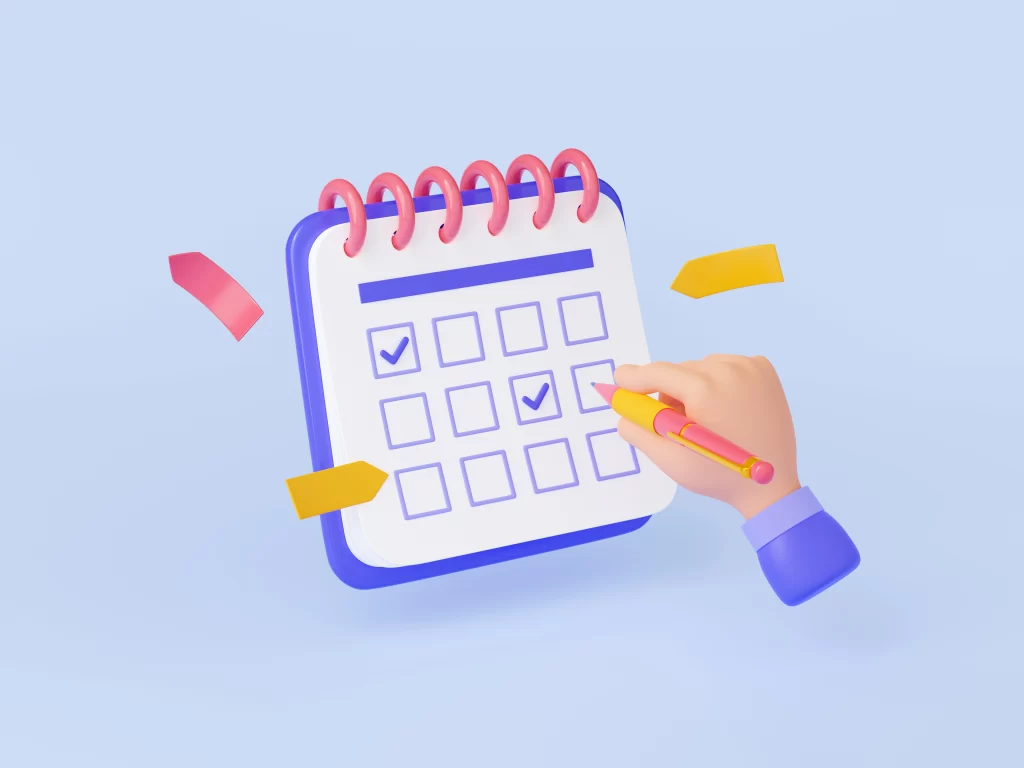 Illustration 3D d’un calendrier de bureau au style coloré et minimaliste, avec plusieurs cases cochées. Une main tient un crayon et coche une case sur le calendrier, suggérant la planification ou la gestion de tâches. Des éléments décoratifs flottants (formes colorées) entourent le calendrier sur un fond uni bleu clair.