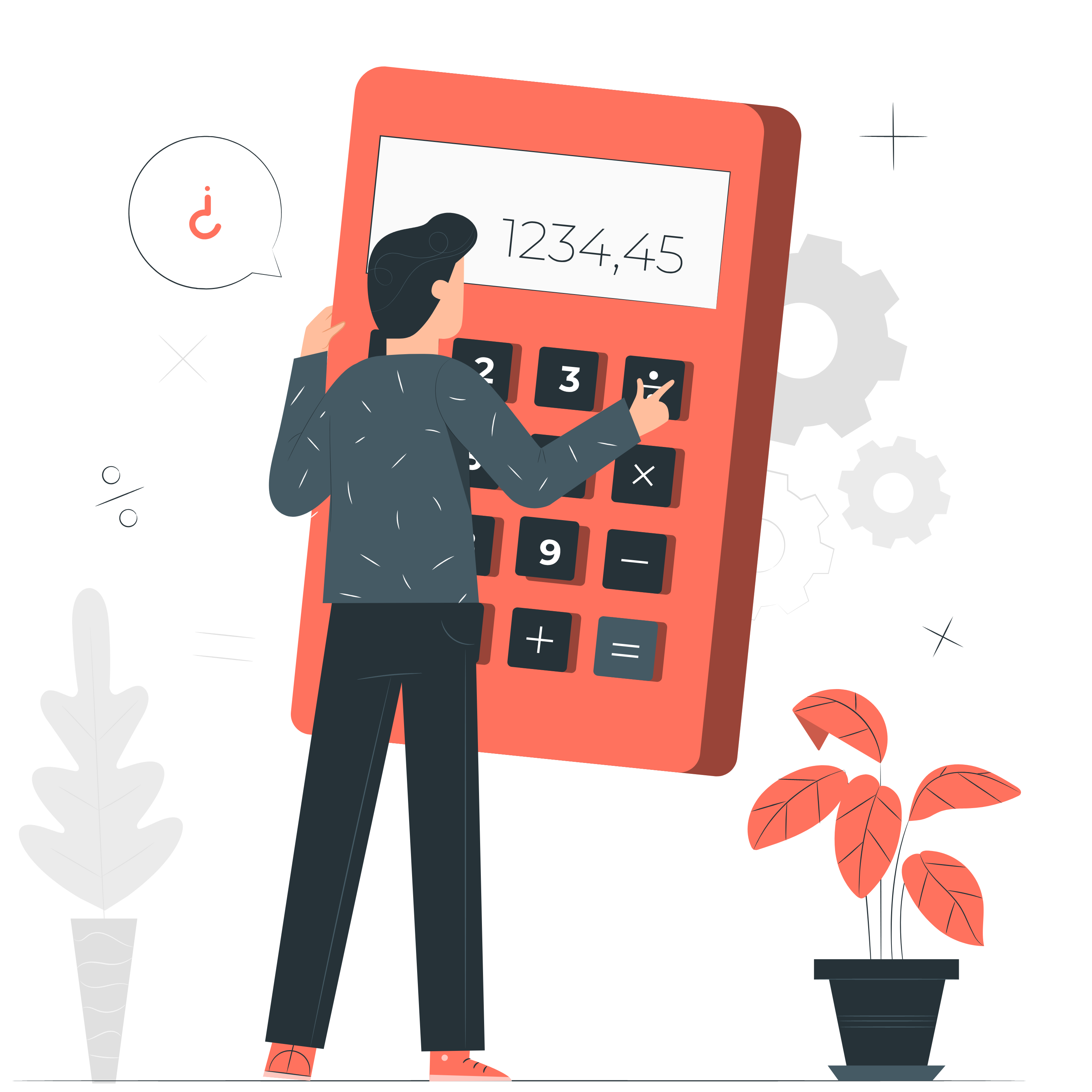 Personnage analysant des chiffres sur une grande calculatrice rouge, symbolisant la gestion budgétaire et la planification financière.