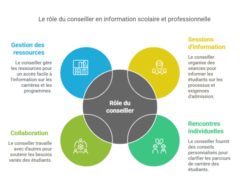 Un diagramme circulaire intitulé "Le rôle du conseiller en information scolaire et professionnelle" présentant quatre piliers clés : la gestion des ressources, les sessions d’information, les rencontres individuelles et la collaboration.