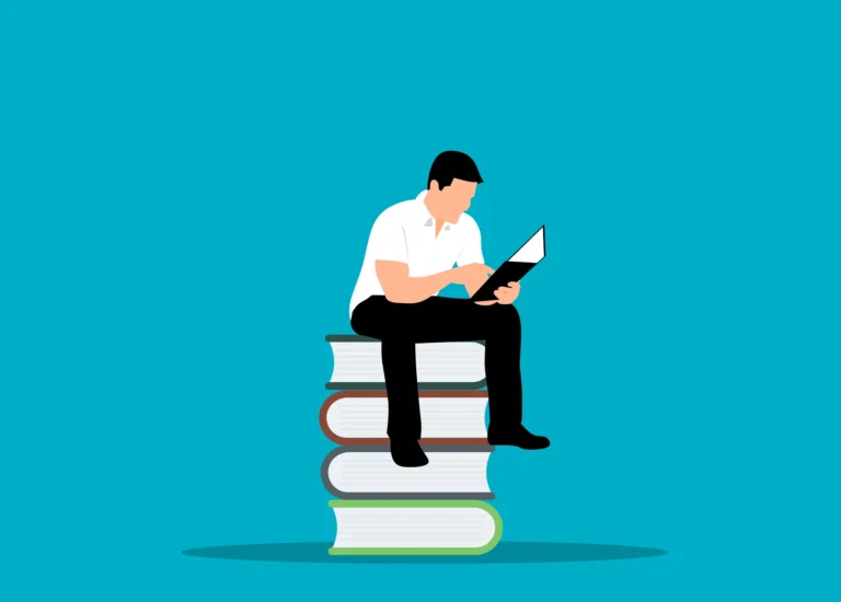 Illustration d'un homme assis au sommet d'une pile de quatre grands livres, en train de lire attentivement un document, sur un fond bleu uni.