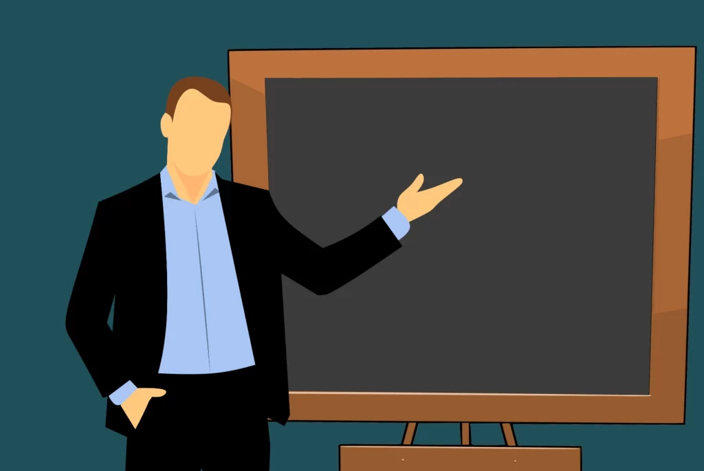 Illustration d'un homme en costume présentant un tableau noir vide, idéale pour symboliser une formation ou une présentation