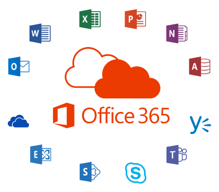 Le logo orange de Microsoft Office 365, surmonté d'un nuage, est entouré des icônes de ses principales applications disposées en cercle.
