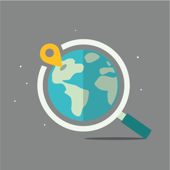 Illustration conceptuelle de recherche mondiale et de géolocalisation, montrant une loupe sur un globe terrestre avec une épingle.