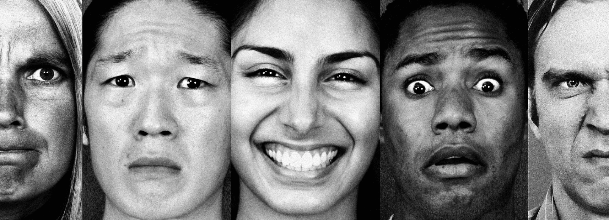 Gros plans de visages d'hommes et de femmes d'origines diverses montrant un large spectre d'expressions faciales, symbolisant l'empathie, l'intelligence émotionnelle et la communication non-verbale.