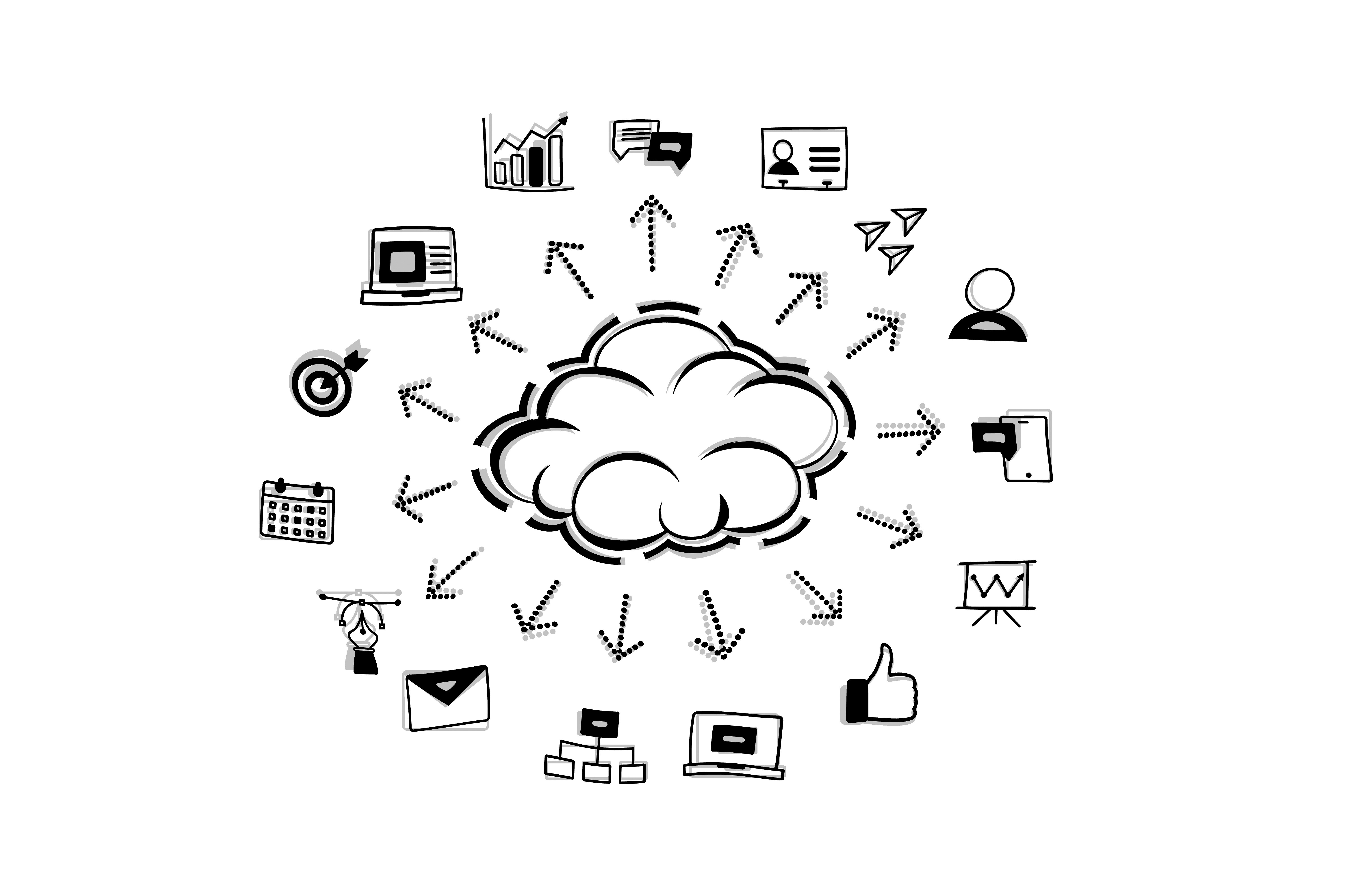 Une infographie stylisée illustrant l'intégration et le téléchargement de données vers un cloud central.