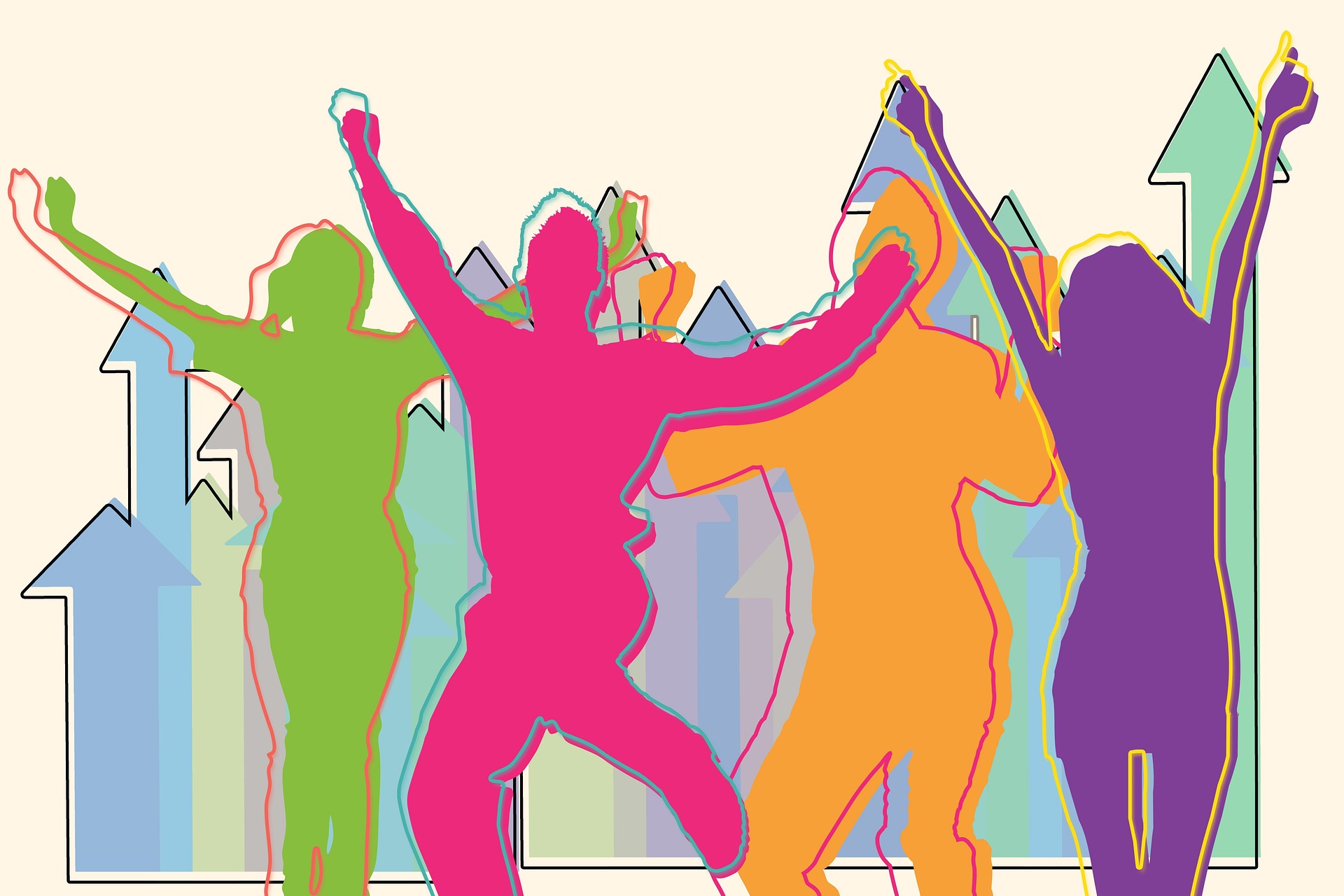 Illustration dynamique montrant quatre silhouettes humaines colorées (vert, rose, orange et violet) célébrant avec enthousiasme, les bras levés ou en train de sauter. Les formes sont entourées de contours vibrants et se superposent à un arrière-plan composé de plusieurs flèches pointant vers le haut dans des teintes de bleu et de vert, symbolisant le succès, la croissance et l'énergie positive.