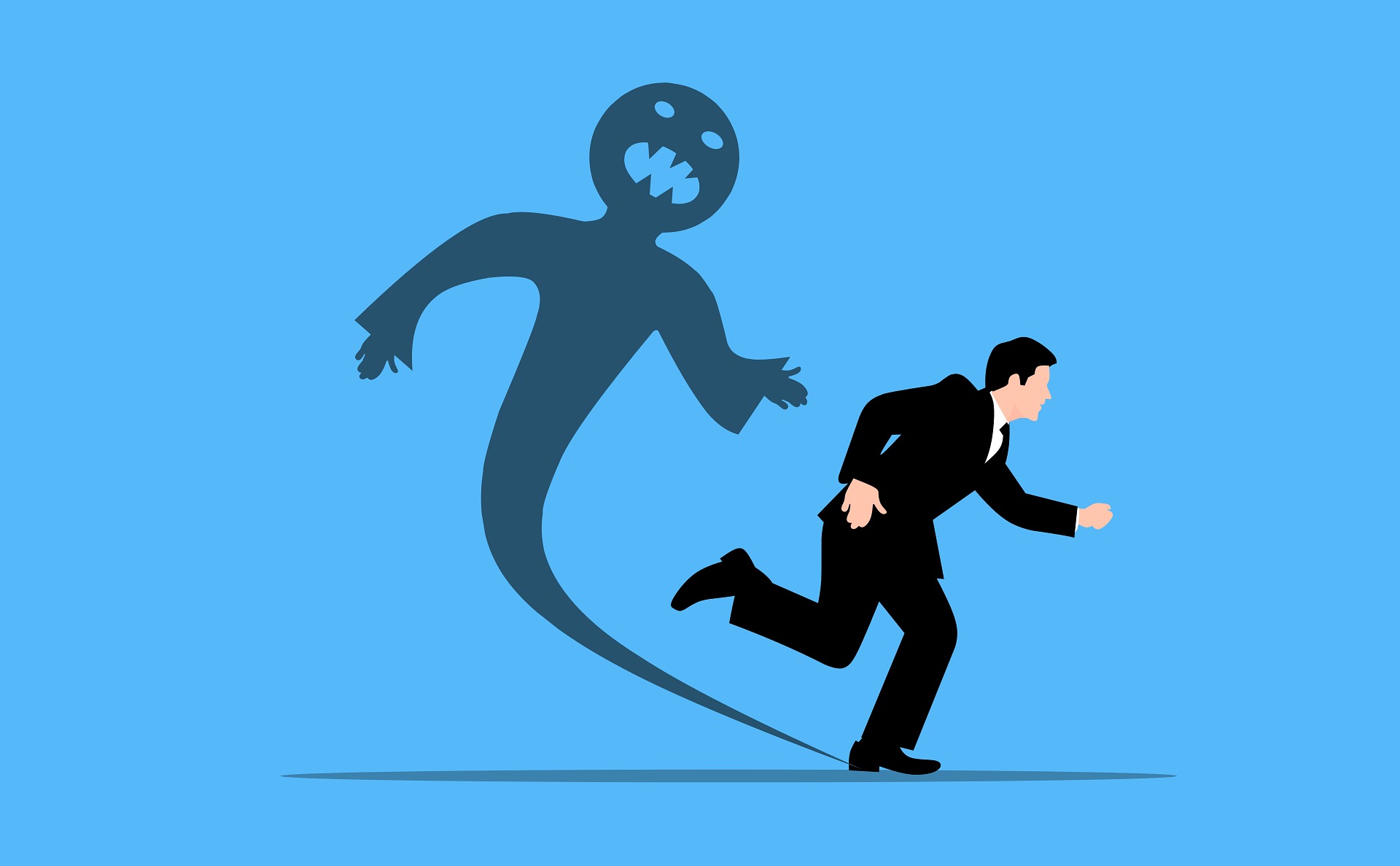Illustration d'un homme d'affaires fuyant son ombre en forme de monstre, symbolisant l'anxiété, la peur de l'échec et la lutte contre les démons intérieurs.